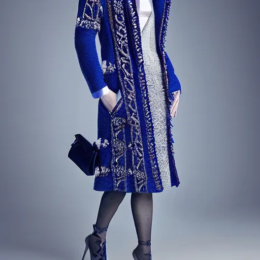 Image similar to fashion 2 0 5 0 fantastic openwork long coat with intricate pattern on a beautiful symmetrical girl with blue hair, hyper realistic photos