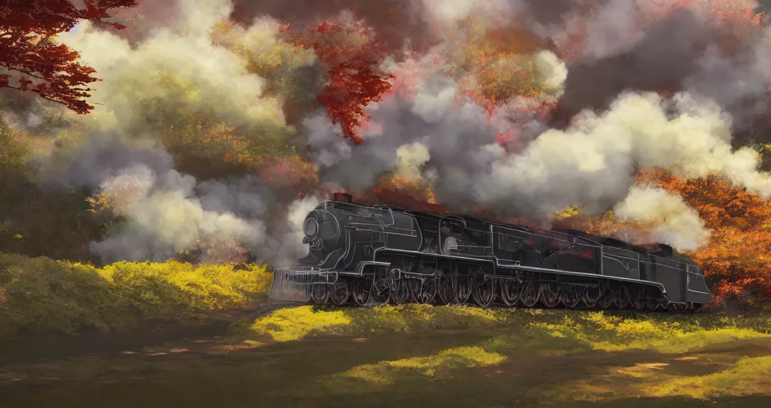 Image similar to side view of a steam train in the distance, autumn light, smoke, beautiful, by studio ghibli, by tomono yoshiyuki, digital art, concept art, smooth, sharp focus, illustration