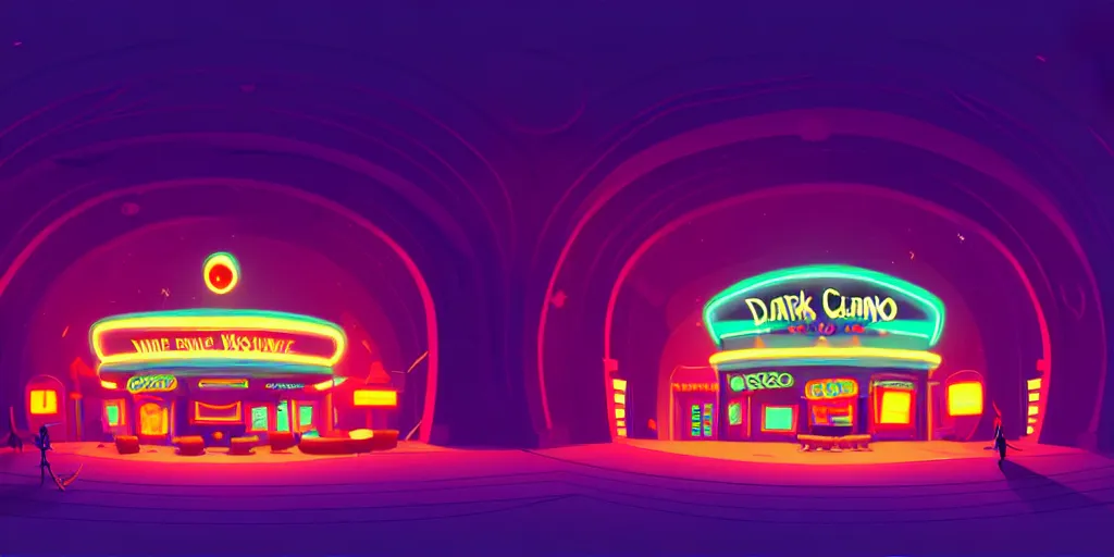 Prompt: minimalistic extreme wide angle curved perspective digital art of dark chubby indoor casino with a stage pale colors by anton fadeev from nightmare before christmas