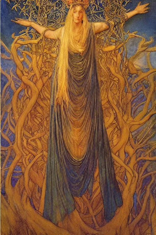 Image similar to queen of the last forest, by Annie Swynnerton and Nicholas Roerich and jean delville, strong dramatic cinematic lighting , ornate headdress , flowing robes, lost civilizations, smooth, sharp focus, extremely detailed