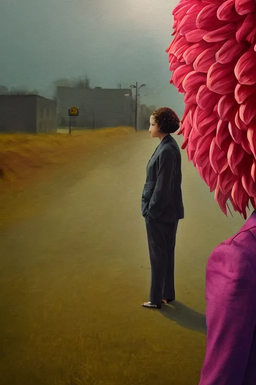 Image similar to closeup giant dahlia flower head, girl in a suit, standing in street, surreal photography, sunrise, dramatic light, impressionist painting, digital painting, artstation, simon stalenhag