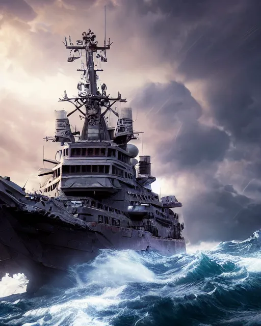 Image similar to scifi action scene of a fishing boat on stormy seas, a gigantic star destroyer spaceship flying overhead, the gigantic star destroyer spaceship is emerging from storm clouds, sunset lighting, stormy weather, dramatic lighting, unreal engine, hyper realism, realistic shading, cinematic composition, realistic render, octane render, detailed textures, photorealistic, ultrawide shot, 1 6 mm lens