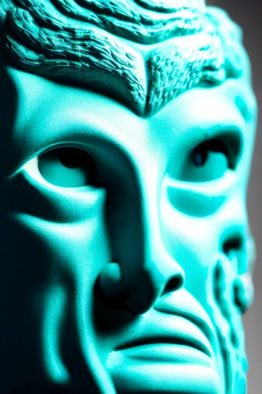 Prompt: hyperrealistic profile rococo human face with neon blue eyes and mechanical mouth Stanley Artgermm very soft teal lighting wide angle 35mm shallow depth of field 8k