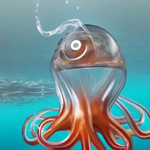 Prompt: rare transparent glass octopus with a clear body seen swimming in the ocean. the entire octopus is transparent except for its optic nerve, eyeballs and digestive tract. trending on artstation