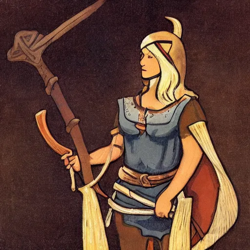 Prompt: an female viking wearing short sleeved robes holding an giant axe