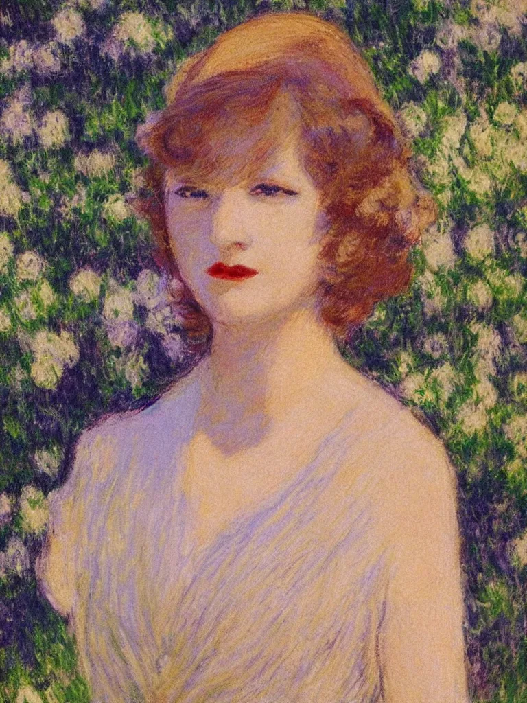 Image similar to portrait of < zelda fitzgerald > as a beautiful young lady wearing 1 9 2 0 s fashion, blurry face, brown hair, slim, fair, severe out of focus, depth of field, pleinairism, in the sun, backlit, closeup, oil on canvas, atr by monet, in the style of le promenade, smooth, impressionnisme, 8 k