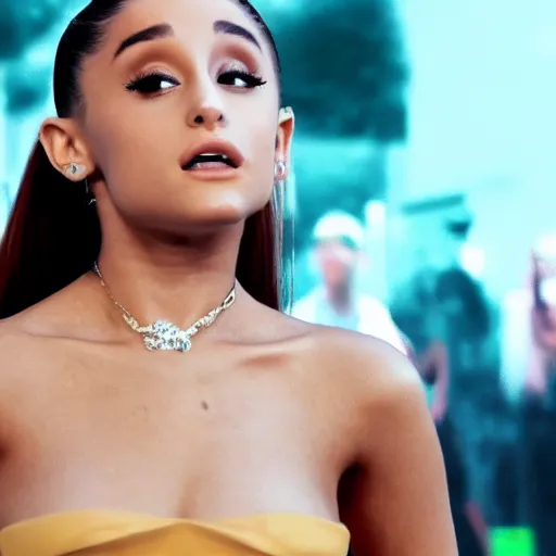 Image similar to a cinematic photo of ariana grande as a down syndrom person