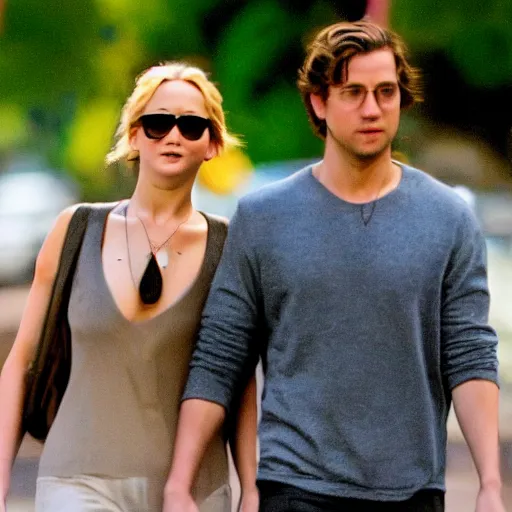 Image similar to Jennifer Lawrence and Jennifer Lawrence walking down the street, holding hands, smiling, soft focus, medium shot,