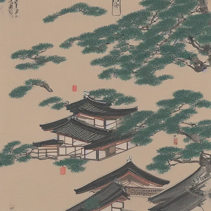 Prompt: a building in a serene landscape, traditional japanese painting