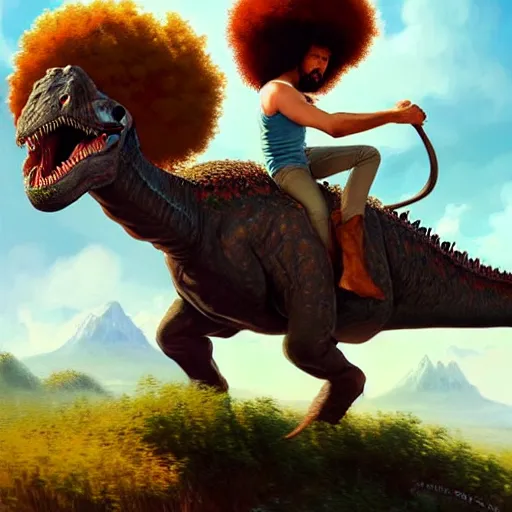 Image similar to bob ross!!! riding!!! a dinosaur!!, giant afro!, model pose, ultra realistic, concept art, intricate details, highly detailed, photorealistic, octane render, 8 k, unreal engine. art by artgerm and greg rutkowski and alphonse mucha