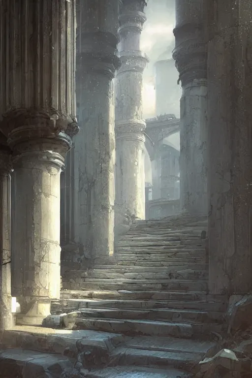 Prompt: fantasy steps with pillars on both sides by greg rutkowski
