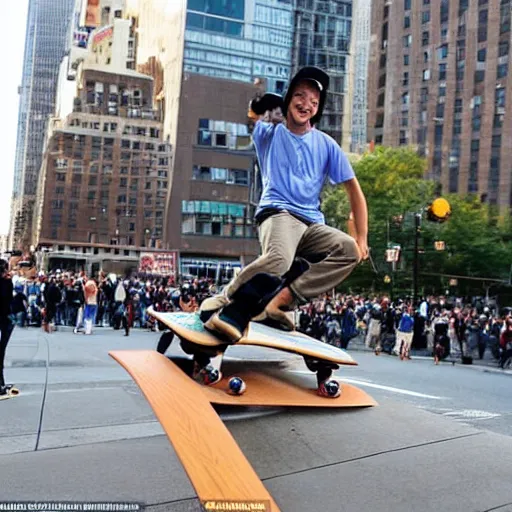 Prompt: a happy shiba inu performs a perfect kick flip on his skateboard in new york city whilst a crowd watches, beautiful photograph