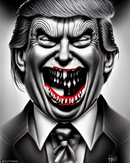 Image similar to donald trump dracula, fangs, character portrait, close up, concept art, intricate details, hyperrealism, in the style of otto dix and h. r giger