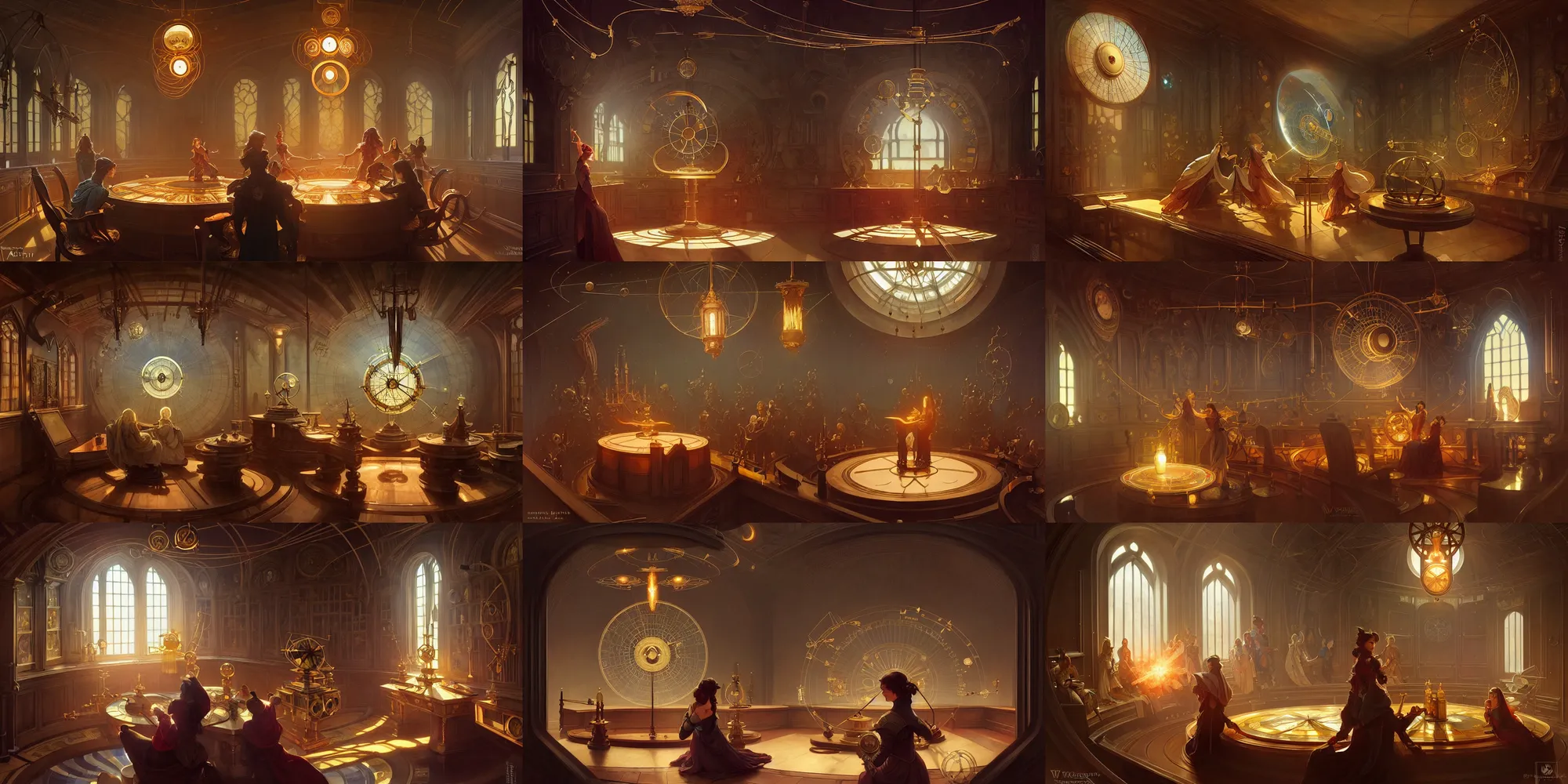 Prompt: orrery of tragedies, lighting bolts, medival castle room interior, sharp focus, illustration, highly detailed, digital painting, concept art, matte, art by wlop and artgerm and greg rutkowski and alphonse mucha, masterpiece