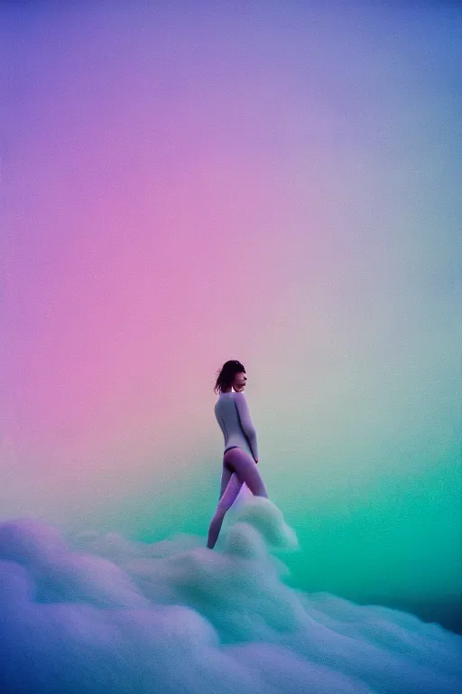 Image similar to high quality pastel coloured film close up wide angle photograph of a model wearing clothing swimming on cloud furniture in a icelandic black rock!! environment in a partially haze filled dreamstate world. three point light, rainbow. photographic production. art directed. pastel colours. volumetric clouds. pastel gradient overlay. waves glitch artefacts. extreme facial clarity. 8 k. filmic.