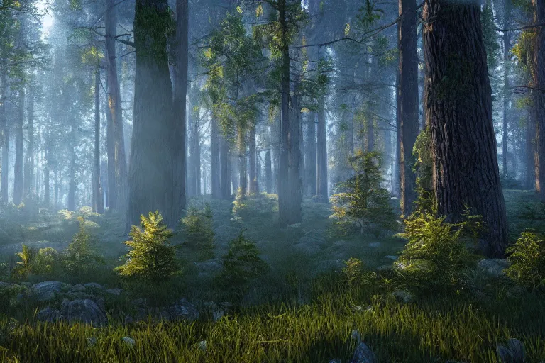 Image similar to A beautiful hyper realistic detailed photo of the forest with high trees and bushes of blueberry, dynamic lighting, cinematic lighting, lit by morning light, unreal engine, high detailed, featured on artstation