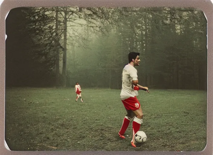 Image similar to medium shot, mikel arteta playing soccer in woods, polaroid photo, vintage, neutral colors, by gregory crewdson