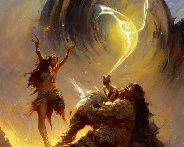 Image similar to sorceress casting powerful meteor spell in the plains. highly detailed painting by gaston bussiere, craig mullins, j. c. leyendecker 8 k