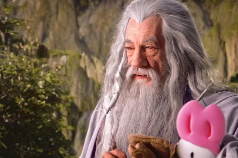 Prompt: portrait of Gandalf dressed as hello kitty, smiling warmly, sunrise, movie still from Lord of the Rings, cinematic