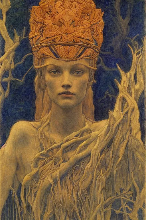 Image similar to spirit of the last forest by Annie Swynnerton and Nicholas Roerich and jean delville, strong dramatic cinematic lighting , ornate headdress , flowing robes, lost civilizations, smooth, sharp focus, extremely detailed