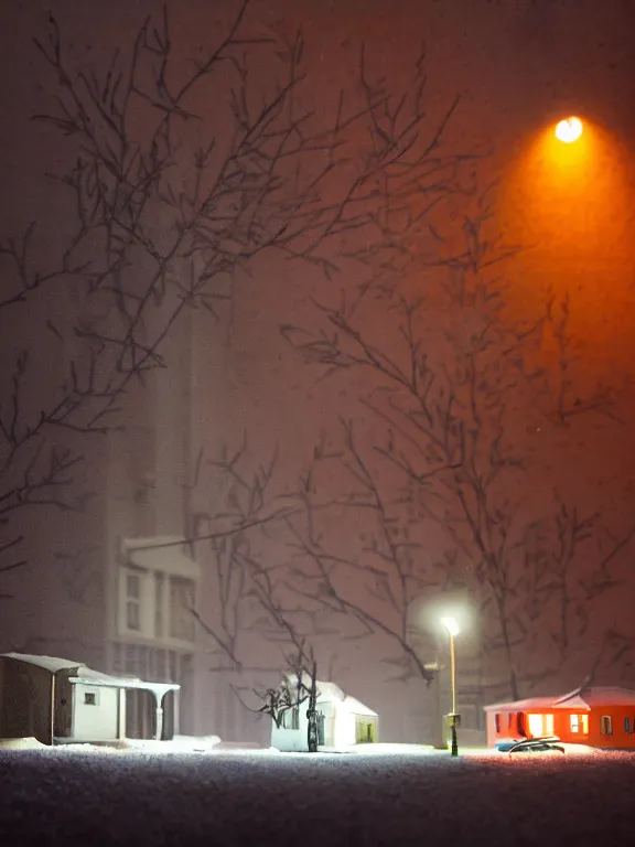 Image similar to small diorama a soviet residential building, pink volumetric lights are on in the windows, dark night, two man fighting for bottle of vodka on yard in front of building, cozy atmosphere, fog, cold winter, snowing, streetlamps with orange volumetric light, birches nearby,