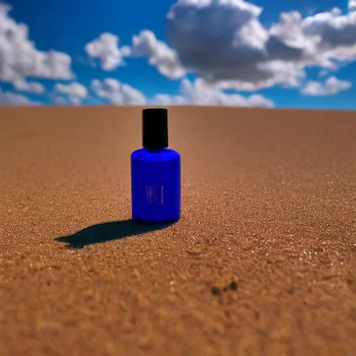 Image similar to bright perfume bottle sitting on a small mountain of clean desert sand, close up shot, upfront, with sunny bright blue sky and clouds in the background, softly - lit, soft - warm, zen, light, modern minimalist f 2 0 clean