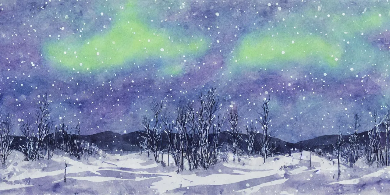 Prompt: laurentian appalachian mountains in winter, unique, original and creative black watercolour landscape, surrealist artwork, snowy night, distant town lights, aurora borealis, deers and ravens, footsteps in the snow, brilliant composition, fascinating textures