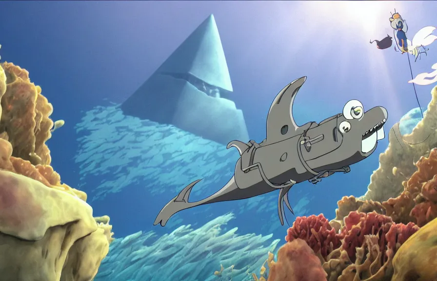 Image similar to a realistic cell - shaded cartoon from howl's moving castle ( 2 0 0 4 ) showing an eel submarine swimming in front of a white pristine pyramid underwater at the bottom of the sea. shafts of sunlight come from above. wide shot, very dull muted colors, hd, 4 k, hq