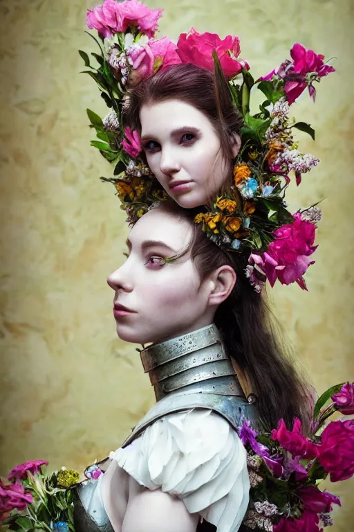 Prompt: closeup portrait of a beautiful mysterious amouranth warrior wearing an armour costume and helmet, holding a bouquet of flowing flowers from below, hands disappeared under the bouquet of flowers, profile view, fantasy, regal, intricate, by ren hang, martine johanna, tran nguyen