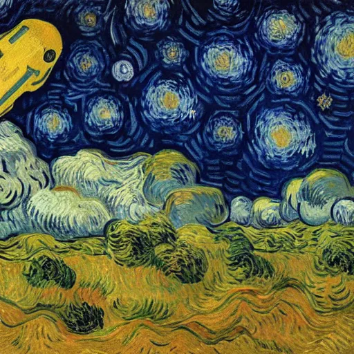 Image similar to a painting of a space ship launching by van gogh