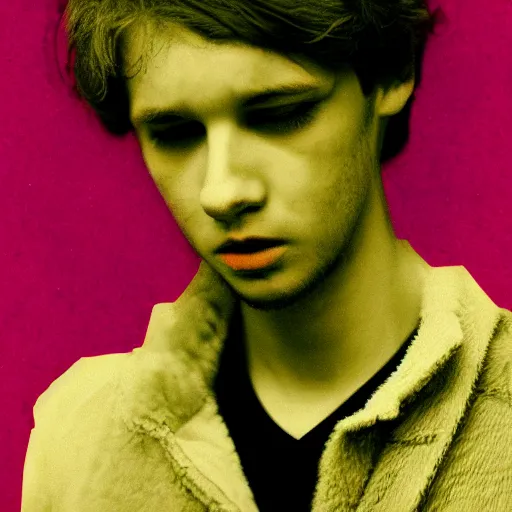 Image similar to anaglyph effect aloof portrait of a young dude 2 9 years old, with placebo