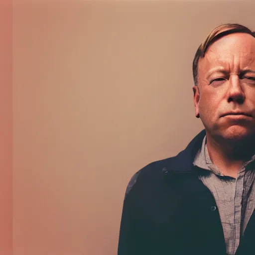 Prompt: a person who is a genetic combination of alex jones and bernie sanders, face and upper - body focus, detailed eyes, androgynous, photograph taken in 2 0 2 0, award winning photograph, cinestill 8 0 0 t