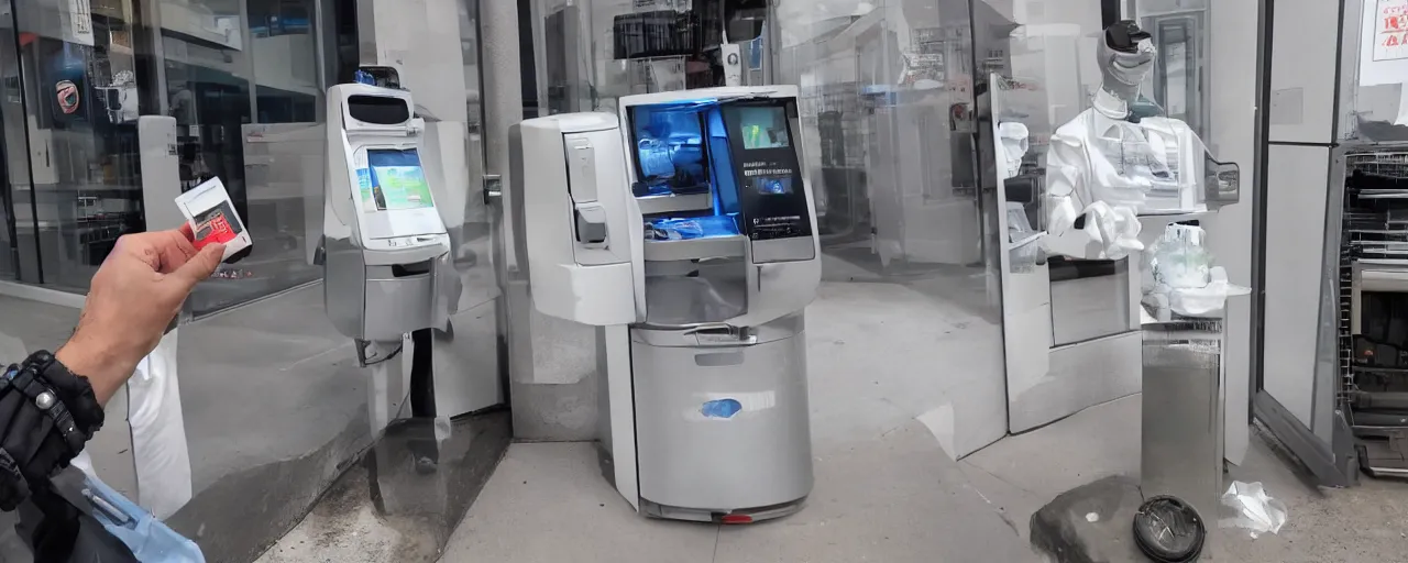 Image similar to a used up machine with artificial intelligence working as a dishwasher, holding a credit card in one hand and a cigarette in the other