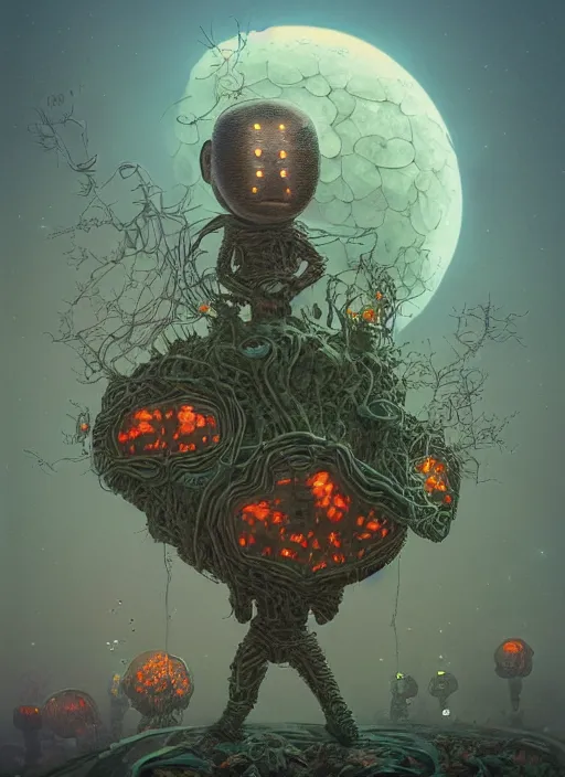 Prompt: blockchain headquater nendroid ginoid by zdzislaw beksinski, hajime sorayamam, matt groening and rembrandt, bone plants, the moon is big an in the city, glowing paper lanterns, high fashion, magic details, hd, 8 k, trending on artstation, uhd