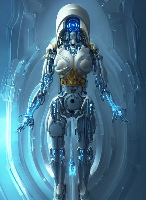 Image similar to benevolent cyborg necromancer, scifi, futuristic, helpful, kind, intelligent, alien room background, white, blue, gold, highly detailed, trending on artstation, soft light, holy machine, advanced technology, art by vitaly bulgarov and nivanh chanthara