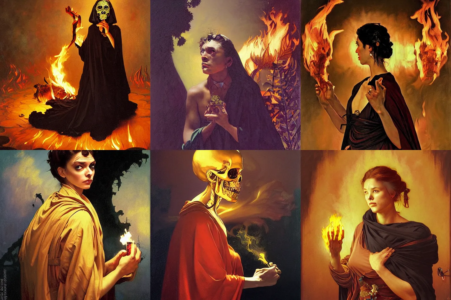 Prompt: A ugly!!! which stares at a golden skull in her hand! She wear a long dark robe. Fire in the background. Painted by Caravaggio, Greg rutkowski, Sachin Teng, Thomas Kindkade, Alphonse Mucha, Norman Rockwell, Tom Bagshaw. Oil painting