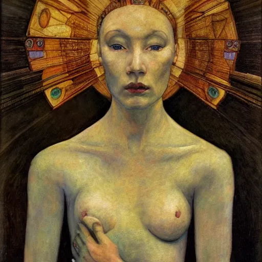 Image similar to the android queen, by Annie Swynnerton and Diego Rivera, symbolist, dramatic lighting, elaborate geometric ornament, Art Brut ,god rays, soft cool colors,smooth, sharp focus, extremely detailed, Adolf Wölfli