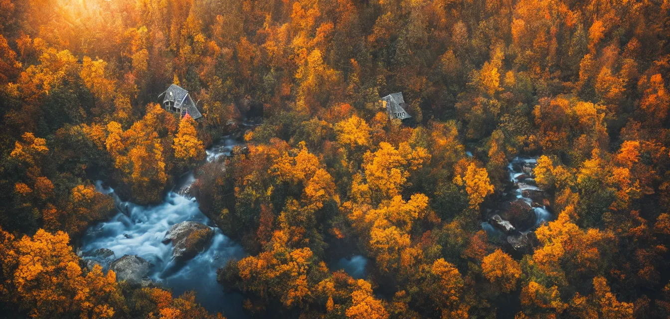 Image similar to stone cottages underneath a dense tall forest. reflex from cascading ponds. ultrafine painting intricate brush strokes, bright depth oil colors, photography by araken alcantara. intense promiseful happiness, autumn sunrise warm light, detailed and intricate environment. hopeful. bodyscapes