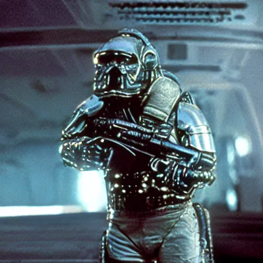 Prompt: movie still, 1 9 8 0 s, harrison ford as armored alien hunter, photorealistic, hyperdetailed, by ridley scott and john carpenter, blue leds