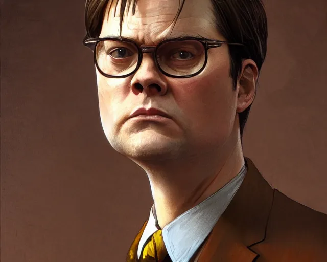 Image similar to close up of dwight schrute wearing a brown suit, mustard yellow dress shirt and necktie, focus, d & d, intricate, elegant, highly detailed, digital painting, artstation, concept art, matte, sharp focus, illustration, hearthstone, art by artgerm and greg rutkowski and alphonse mucha