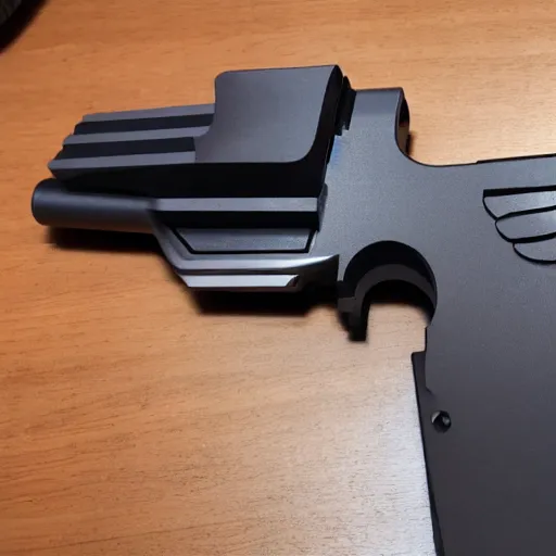 Prompt: a 3 d printed, futuristic revolver that takes glock mags. 4 k, shot on an iphone 1 2.