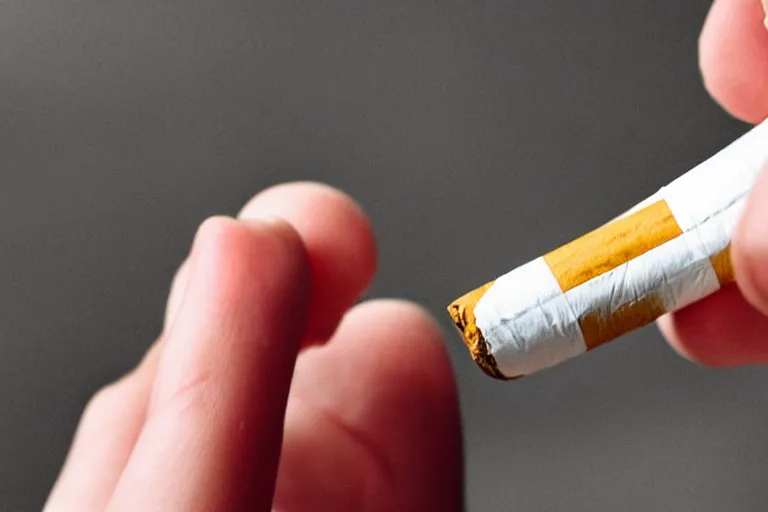 Image similar to Close-up of cigarette in five fingers, thin soft hand holding cigarette, hyper realistic, natural