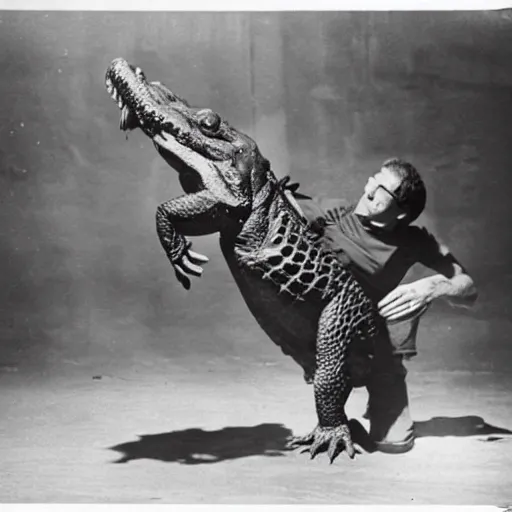 Image similar to photo of a man lifting an alligator above his head in the manner of weightlifting