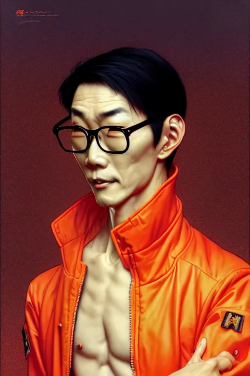 Prompt: thin japanese man with short black hair, thick round spectacles, wearing a bright orange bomber jacket, seductive communist dark fantasy, art by artgerm and karol bak and moebius and alphonse mucha and greg rutkowski, hyperdetailed, ultrarealistic, octane render