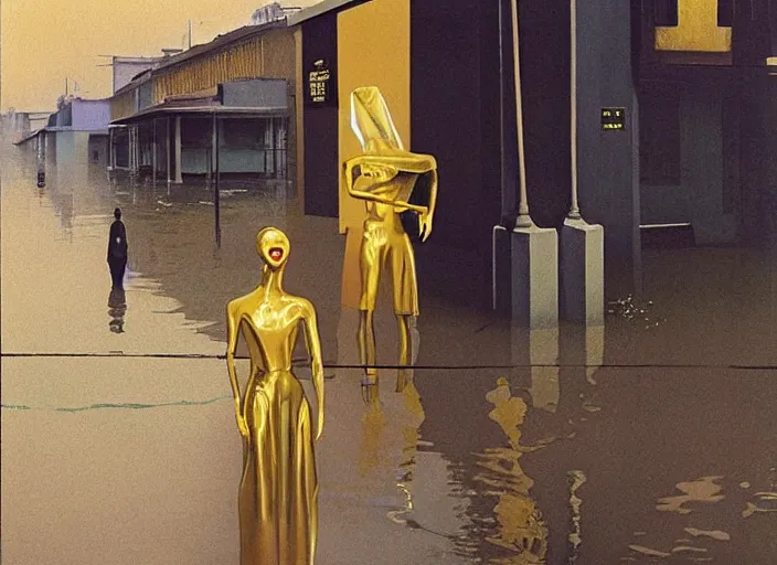 Prompt: futuristic woman with very wide head dressed in transparent gold foil plastic bags with cutouts, on flooded street Edward Hopper and James Gilleard, Zdzislaw Beksinski, highly detailed