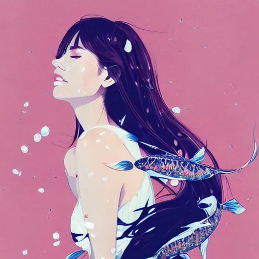 Image similar to a ultradetailed beautiful portrait panting of a stylish woman surrounded by floating koi fish, by conrad roset, greg rutkowski and makoto shinkai, trending on artstation