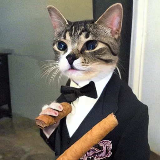 Image similar to cat wearing a suit smoking a cigar