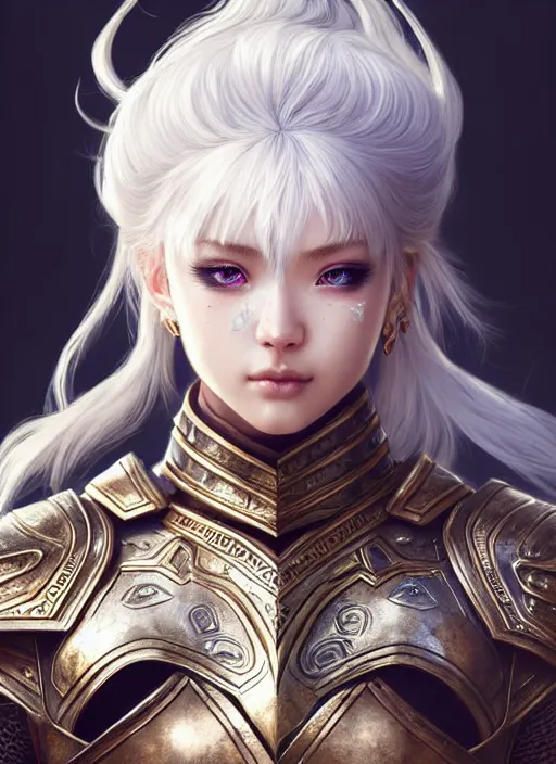 Image similar to warrior, intricate ornate opal heavy armor!!! beautiful and athletic white hair female!! gorgeous face and eyes!! character concept art, sharp focus, octane render! unreal engine 5! highly rendered!! trending on artstation!! detailed linework!! illustration by artgerm, wlop, and chie yoshii