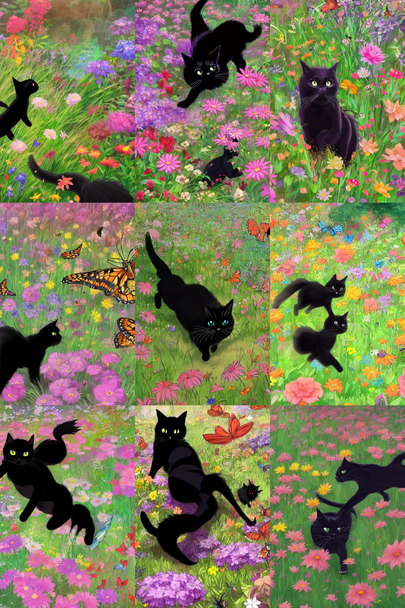Prompt: beautiful Black Cat chasing butterflies in a dense flower garden, Studio Ghibli, highly detailed, digital painting, artstation, concept art, smooth, sharp, focus
