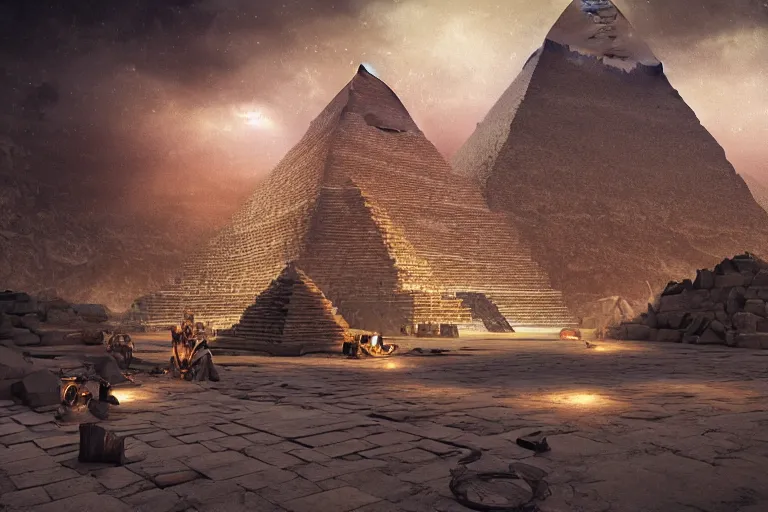 Image similar to the most amazing dream you ever had about pyramid building with forced labors, hyper realistic, ambient lighting, concept art, intricate, hyper detailed, smooth, dynamic volumetric lighting, octane, cinematic